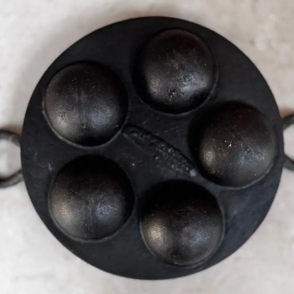 Vintage Gray Crackle Enamel Cast Iron Escargot Pan 5 Hole Aebleskiver Dish